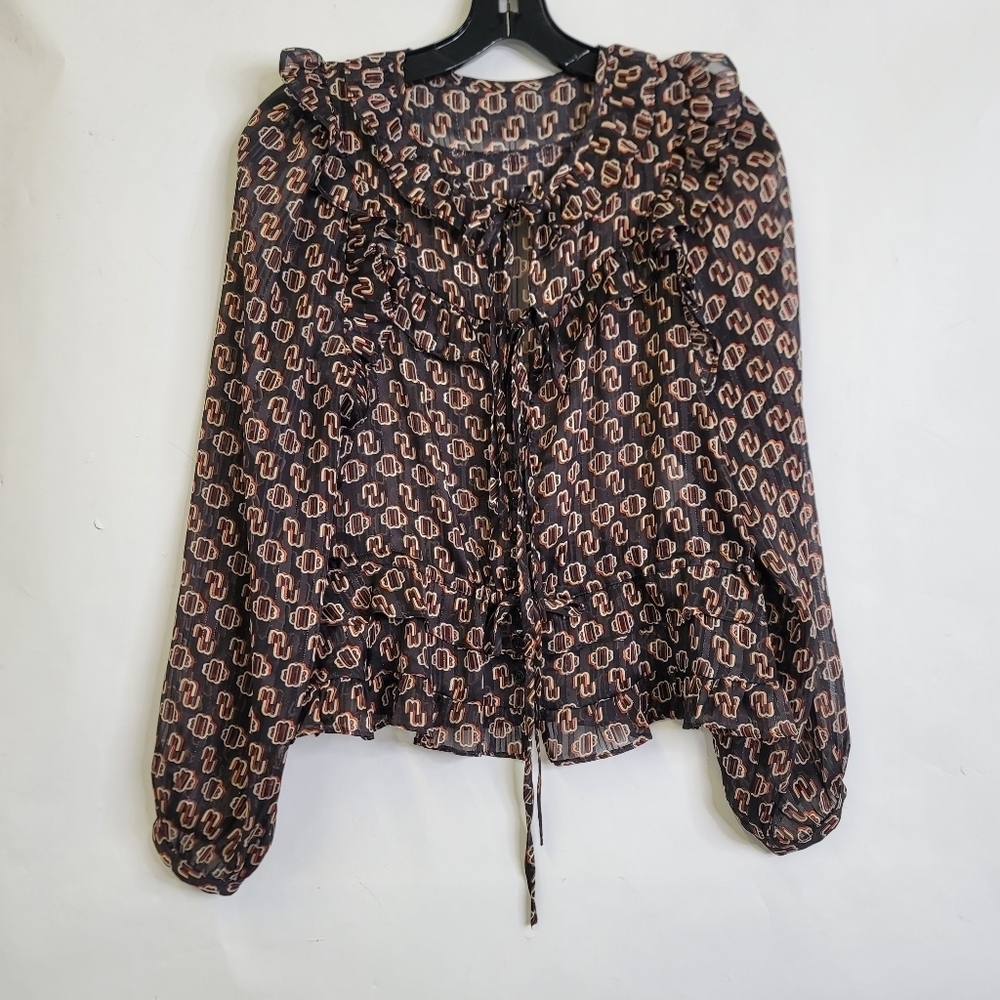 Maje Luzette Metallic Thread Print Silk Blend Boho style Blouse - Picture 5 of 15